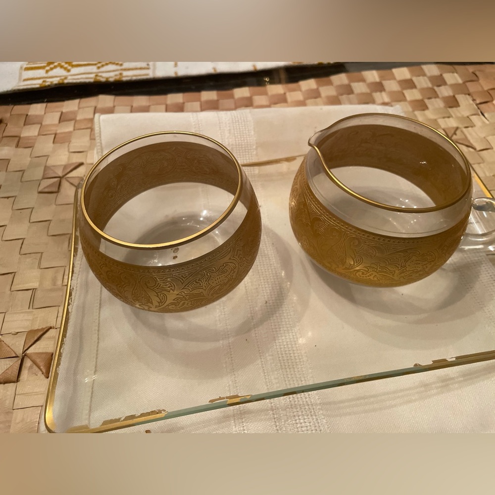 George.  Biarad Crystal and gold sugar and creamer set on glass tray.  14k